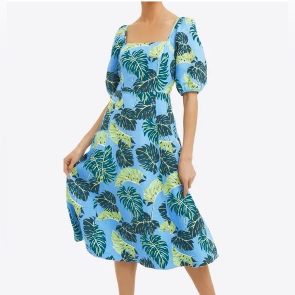 Draper James Blue Dress with Green and Yellow Monstera print size 10 NWT